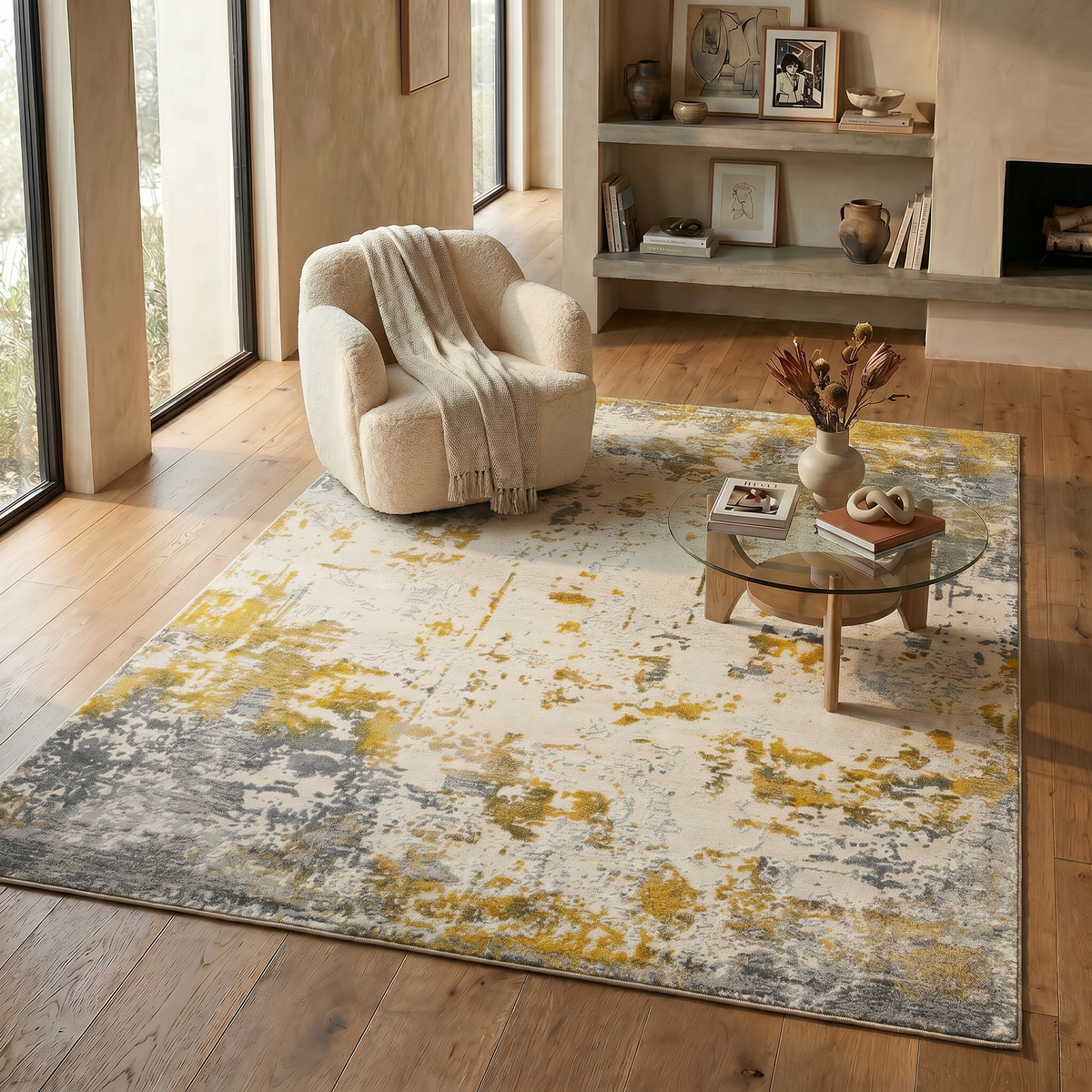 Solenne Abstract Contemporary Gold Indoor Rug