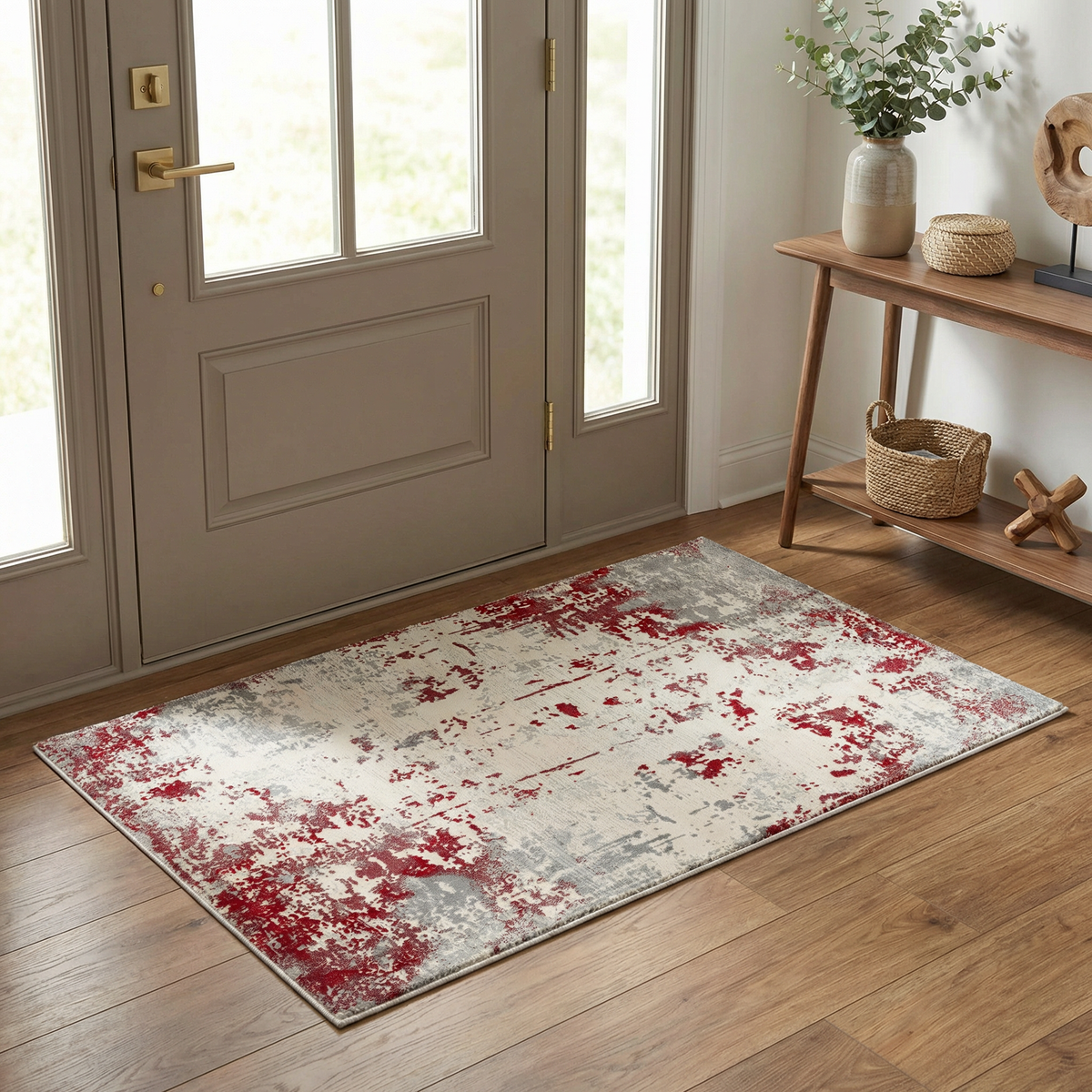 Solenne Abstract Contemporary Red and Grey Indoor Rug