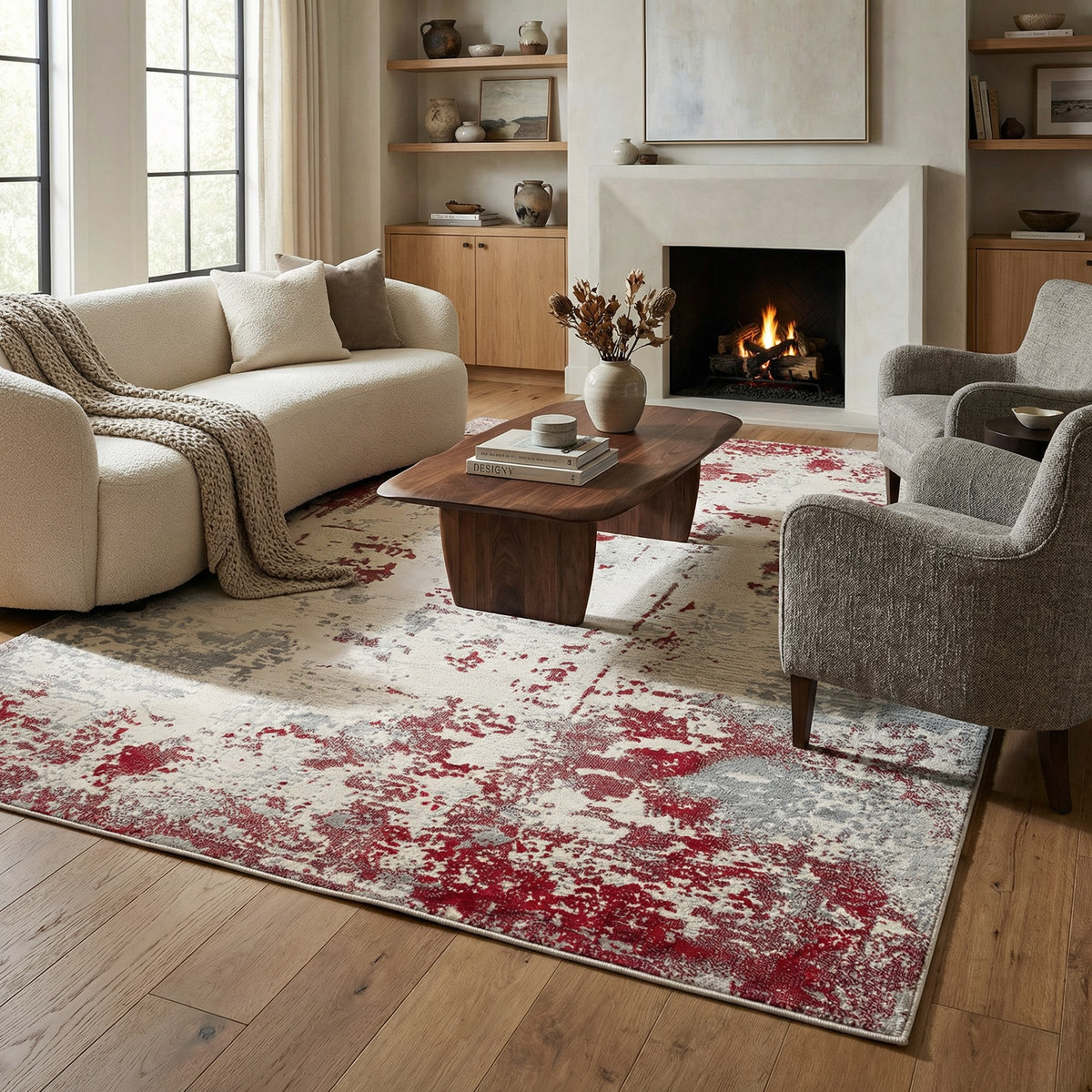 Solenne Abstract Contemporary Red and Grey Indoor Rug