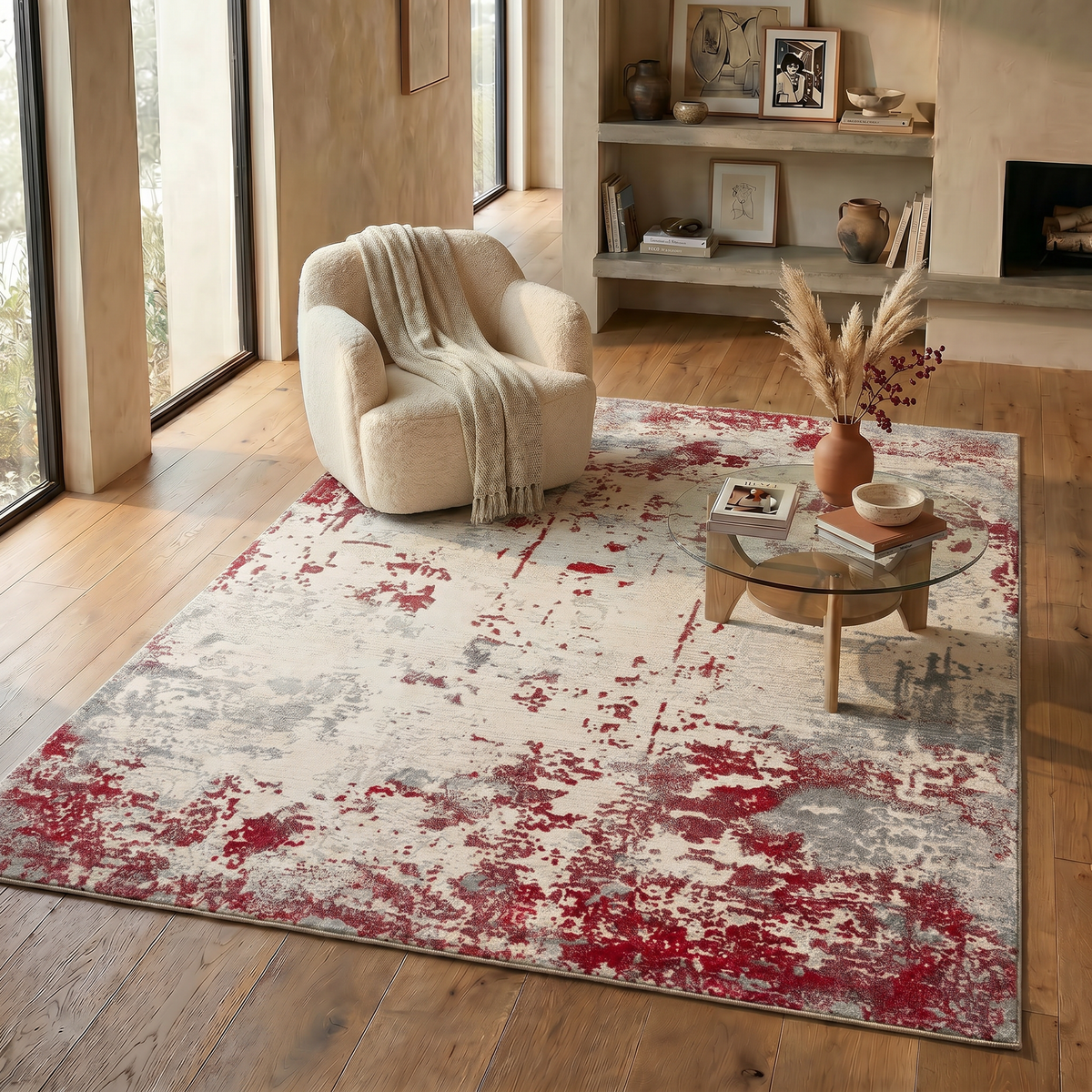 Solenne Abstract Contemporary Red and Grey Indoor Rug