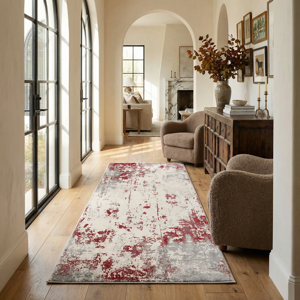 Solenne Abstract Contemporary Red and Grey Indoor Rug