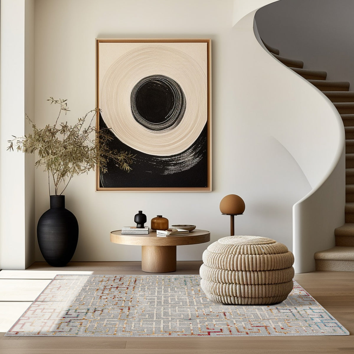 Mirello Abstract Contemporary Grey and Red Indoor Rug