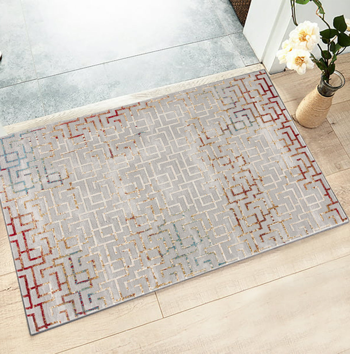 Mirello Abstract Contemporary Grey and Red Indoor Rug