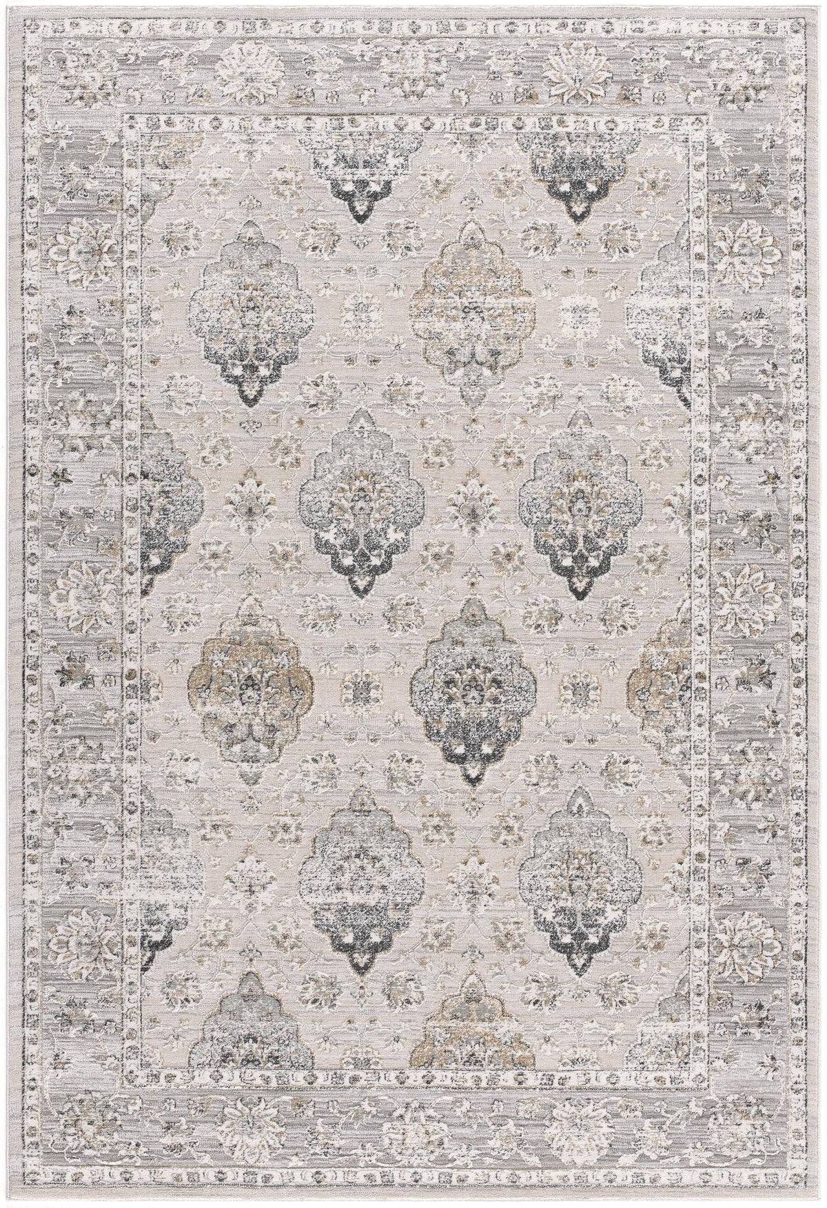 Marvella Damask Transitional Grey and Cream Indoor Rug