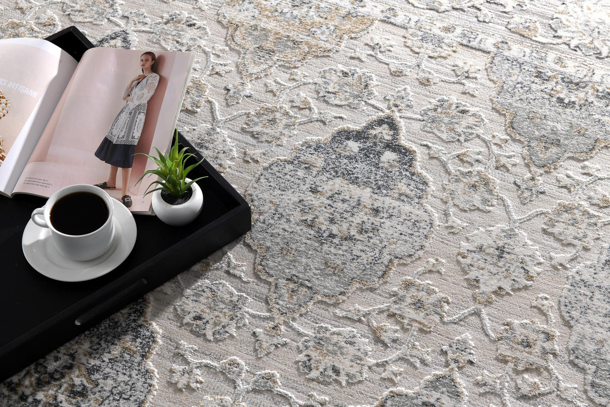 Marvella Damask Transitional Grey and Cream Indoor Rug