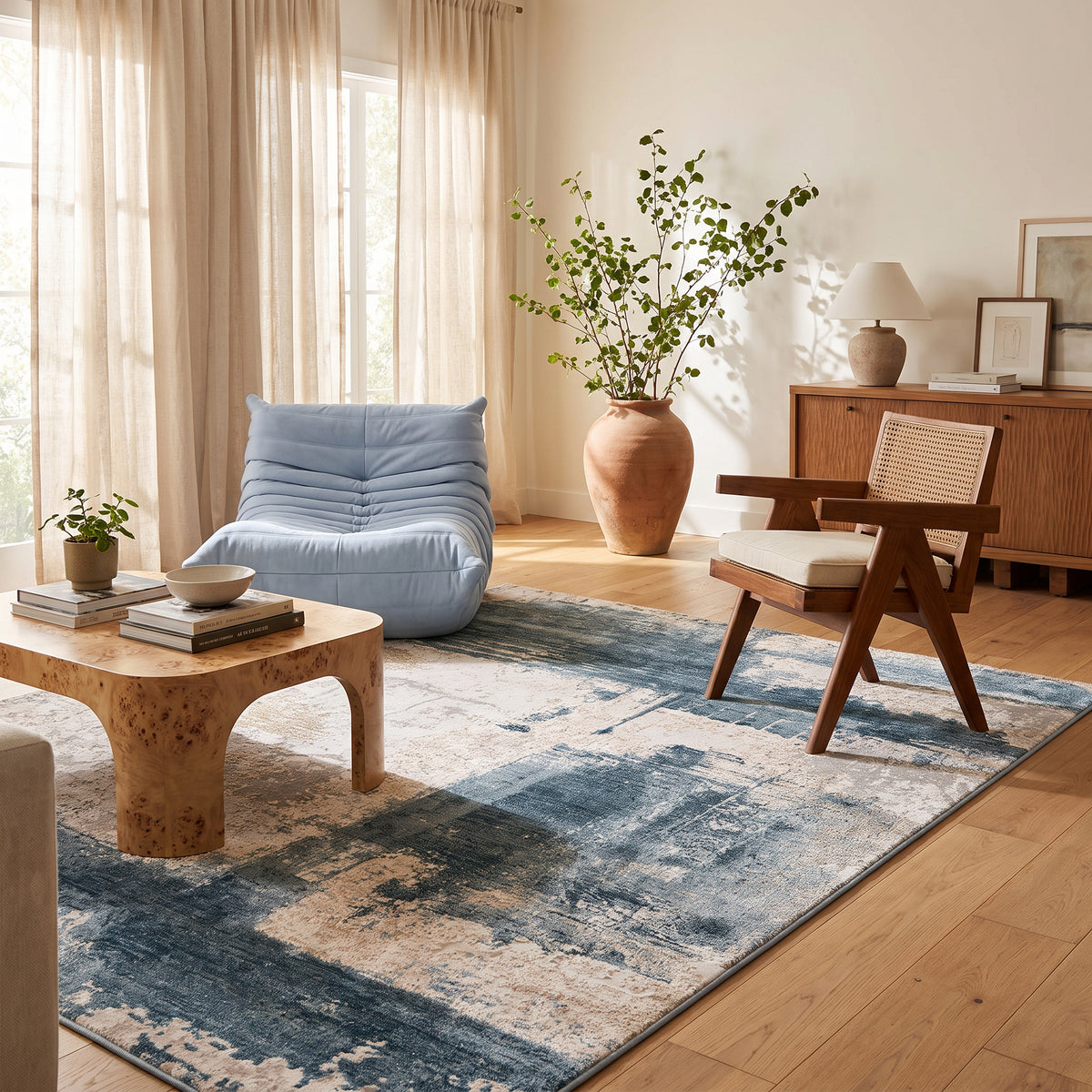 Tapis Terano abstrait contemporain bleu