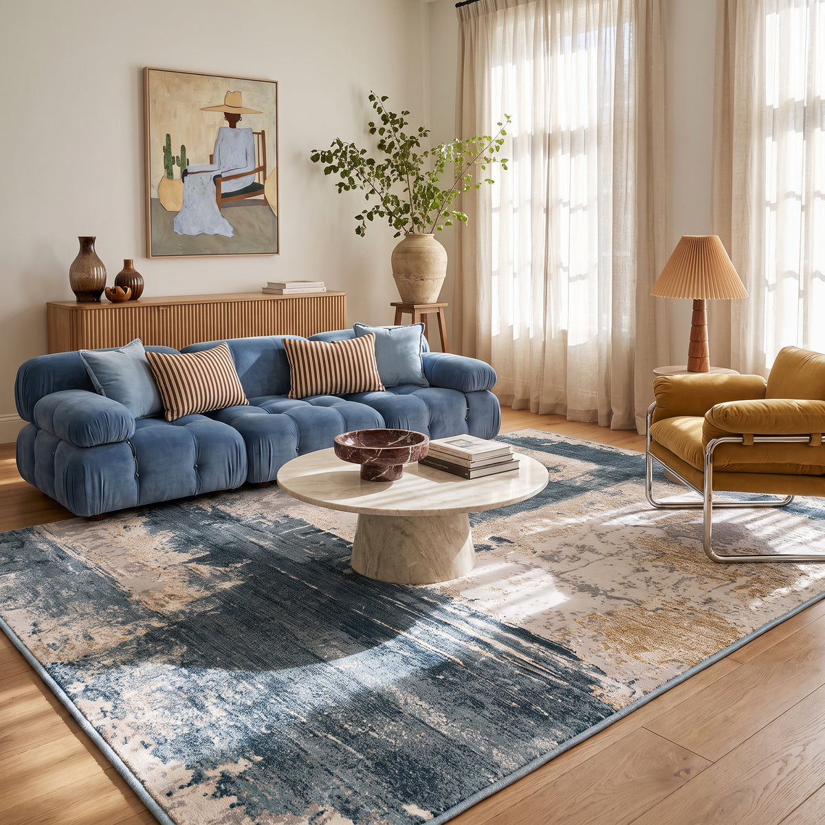 Tapis Terano abstrait contemporain bleu