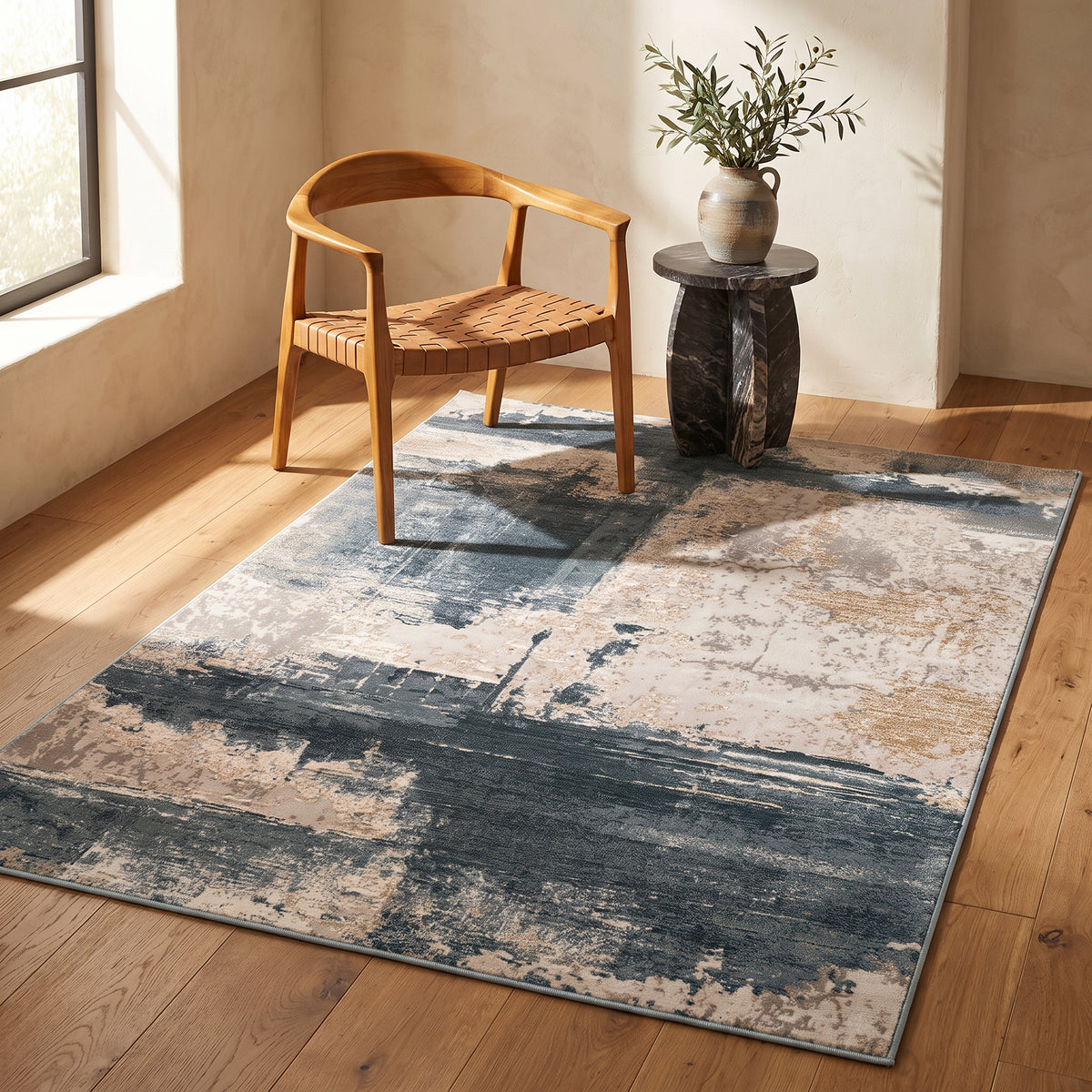Tapis Terano abstrait contemporain bleu