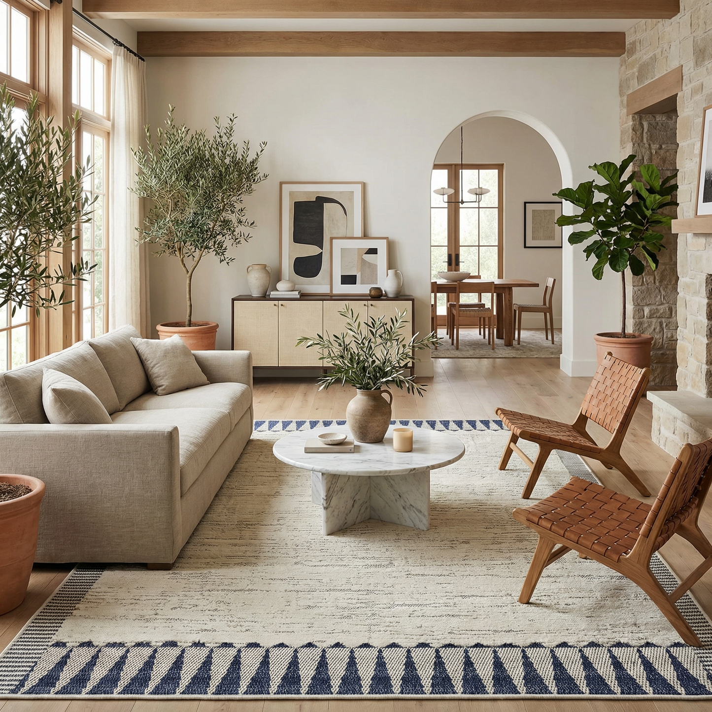 Selva Geometric Contemporary Cream and Blue Indoor Rug