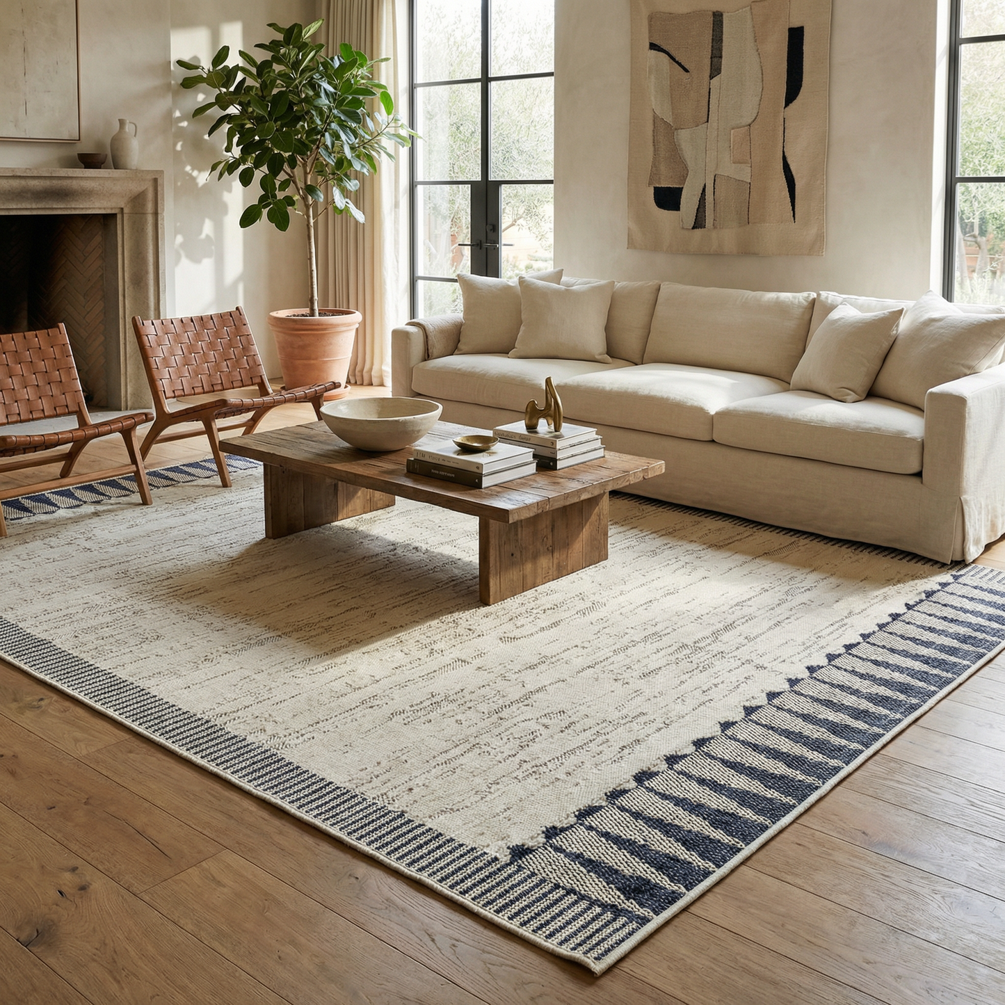 Selva Geometric Contemporary Cream and Blue Indoor Rug