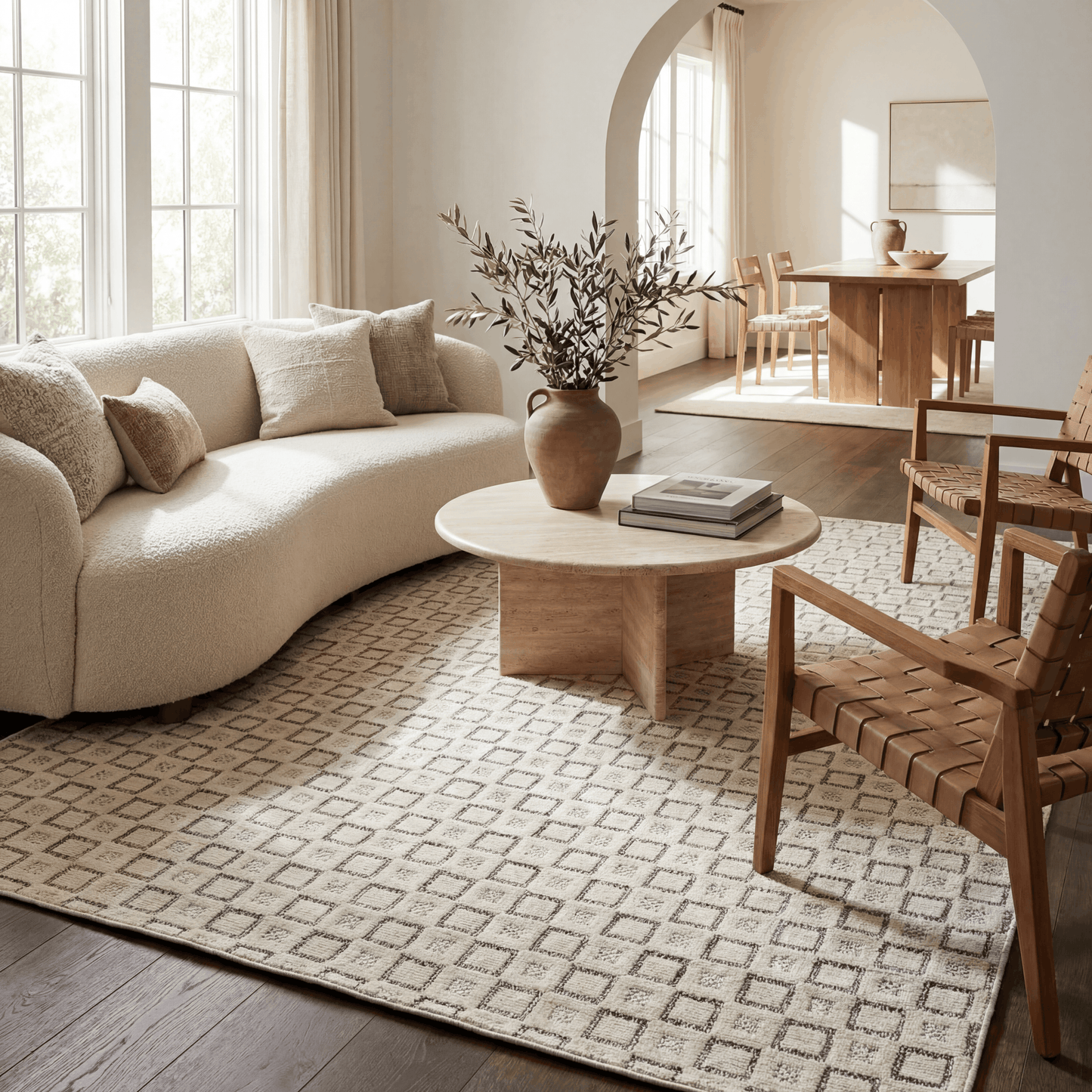 Miraq Geometric Contemporary Cream and Beige Indoor Rug