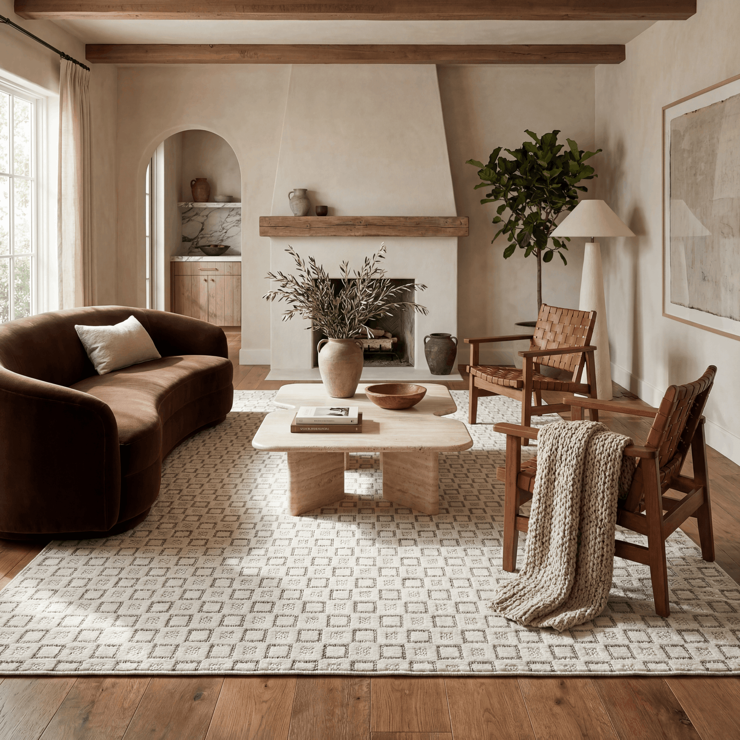 Miraq Geometric Contemporary Cream and Beige Indoor Rug