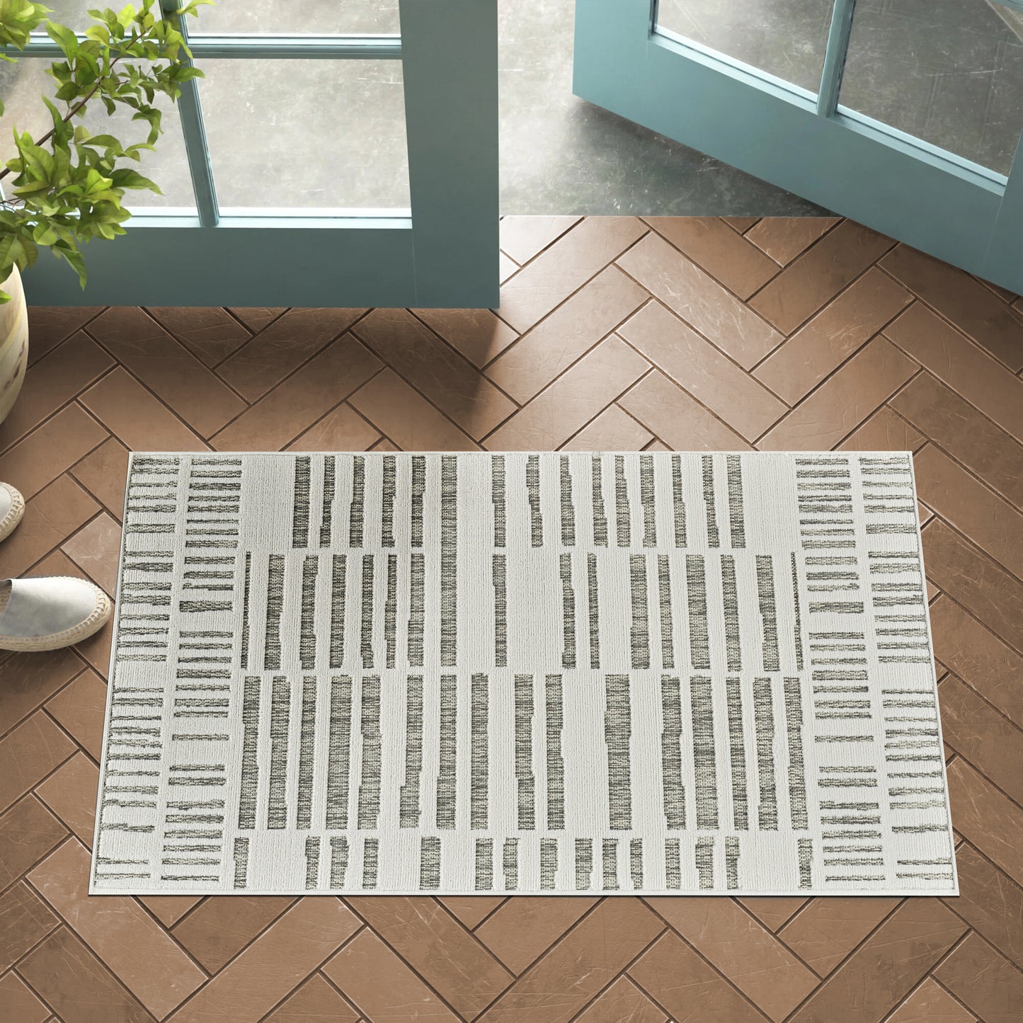 Linea Striped Contemporary Cream and Beige Indoor Rug
