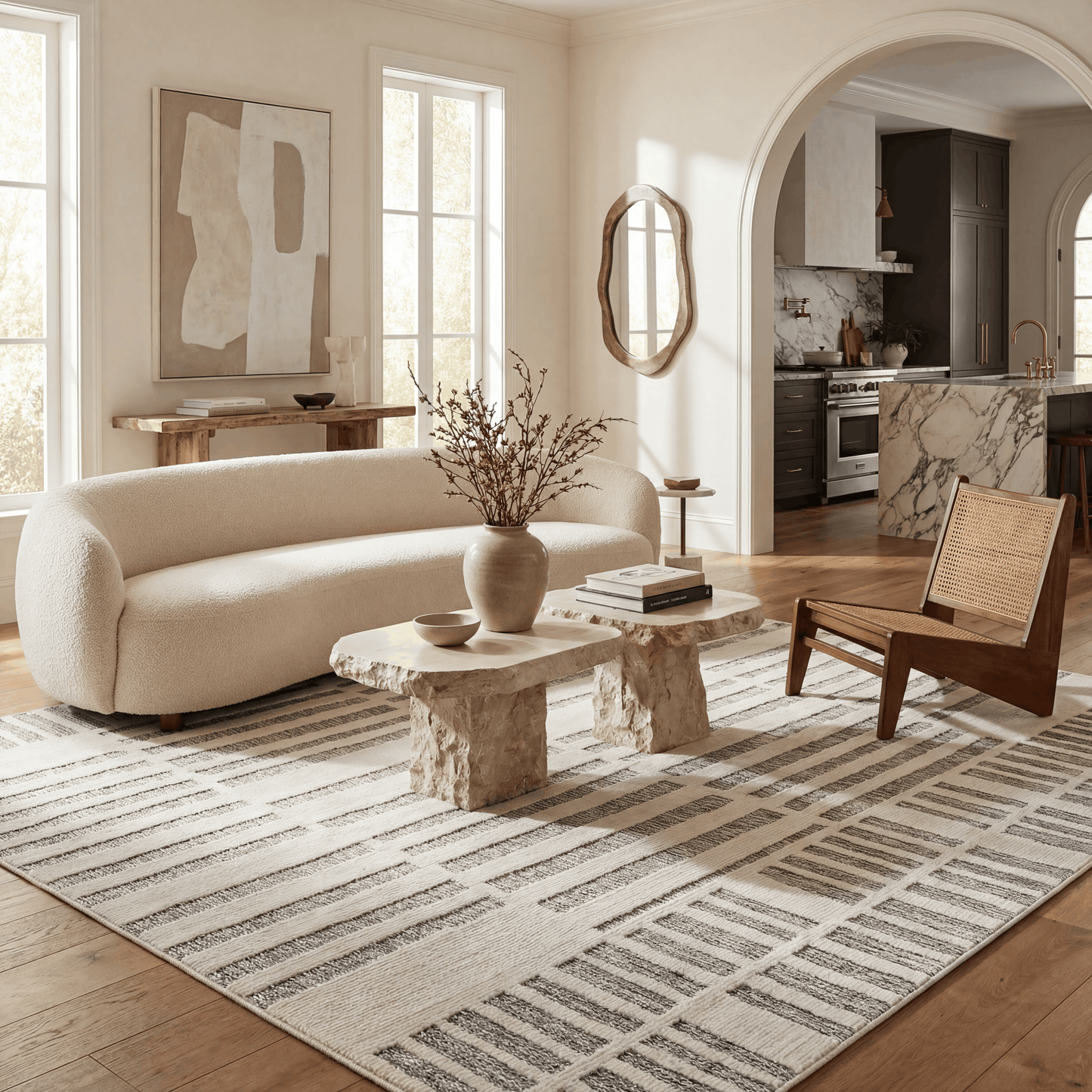 Linea Striped Contemporary Cream and Beige Indoor Rug
