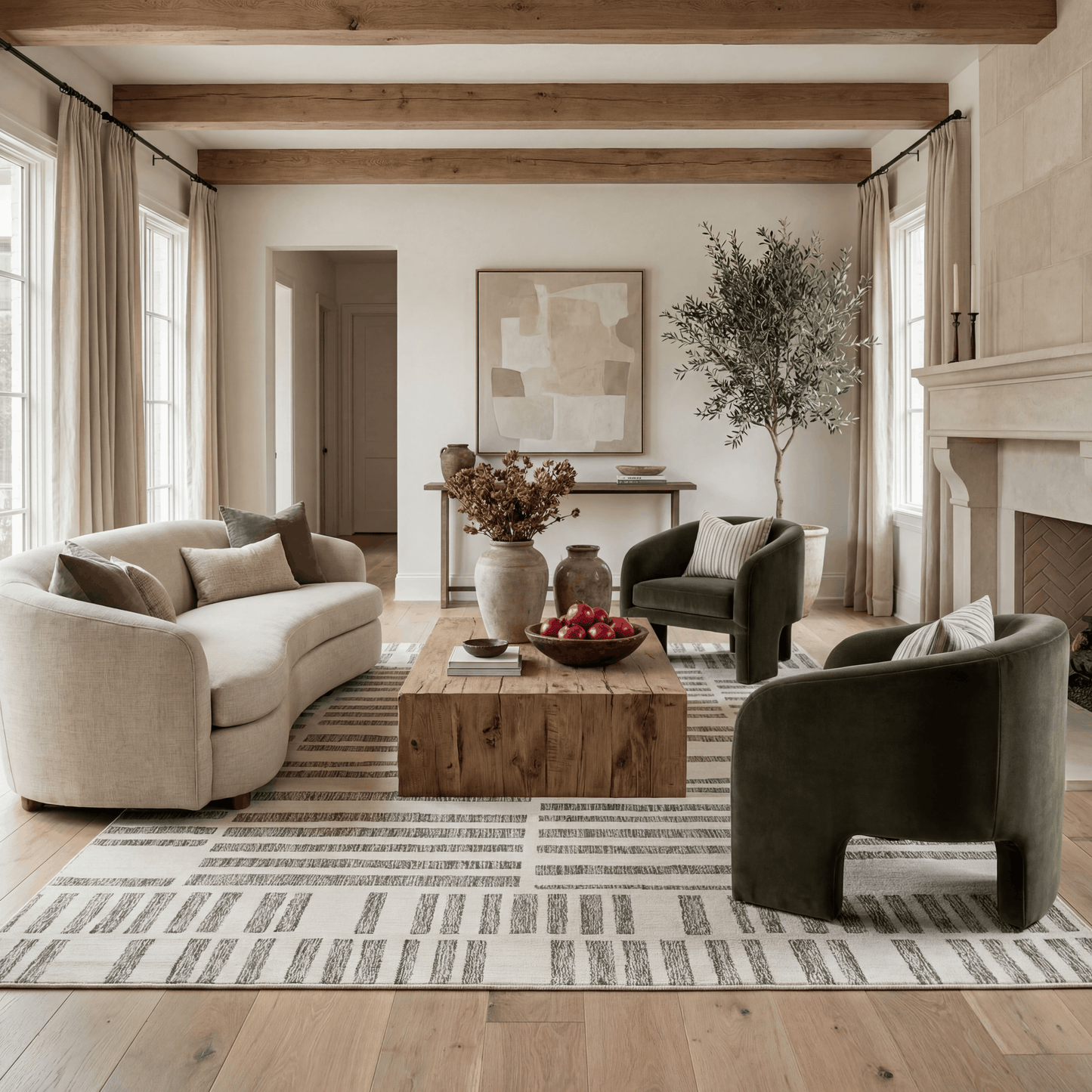 Linea Striped Contemporary Cream and Beige Indoor Rug