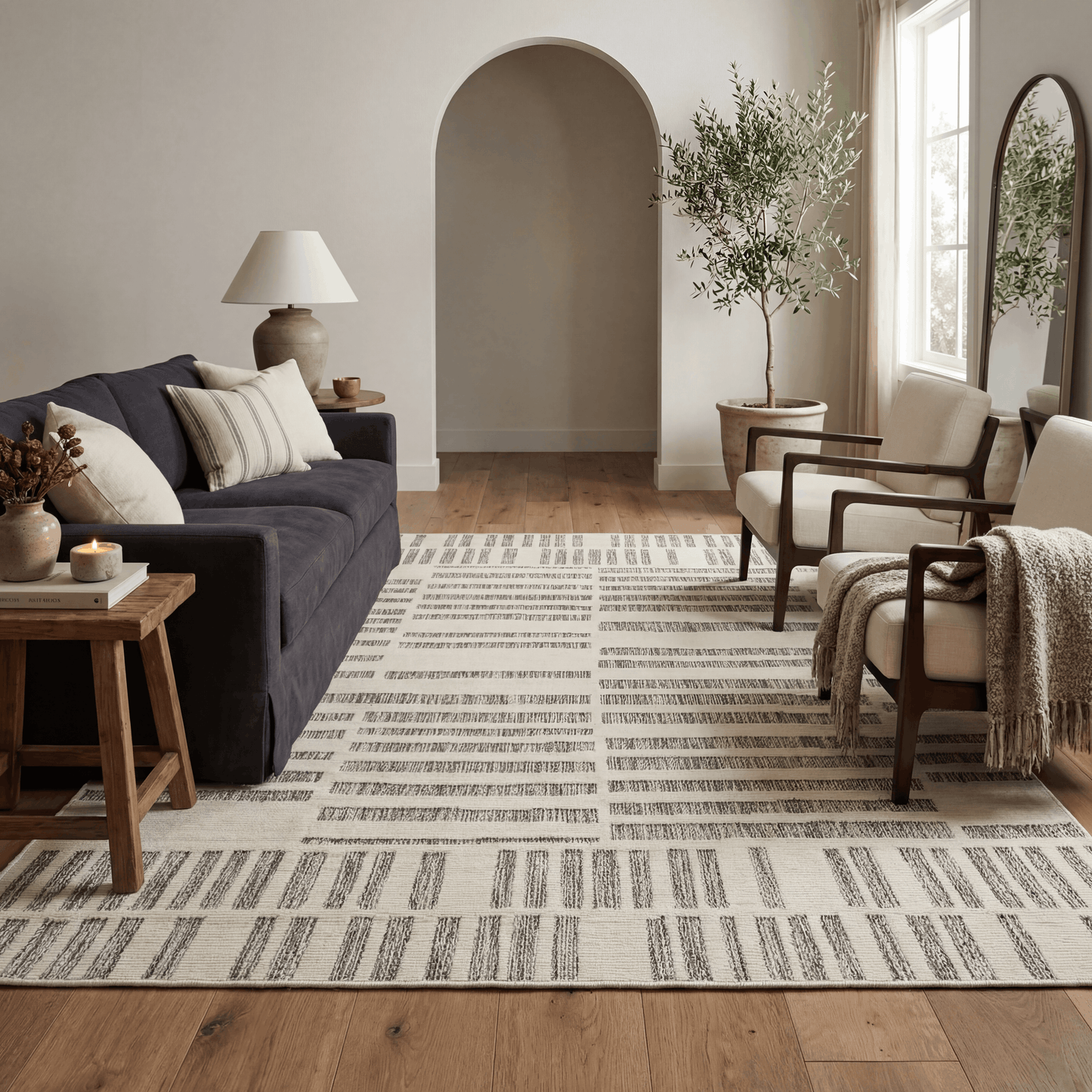 Linea Striped Contemporary Cream and Beige Indoor Rug