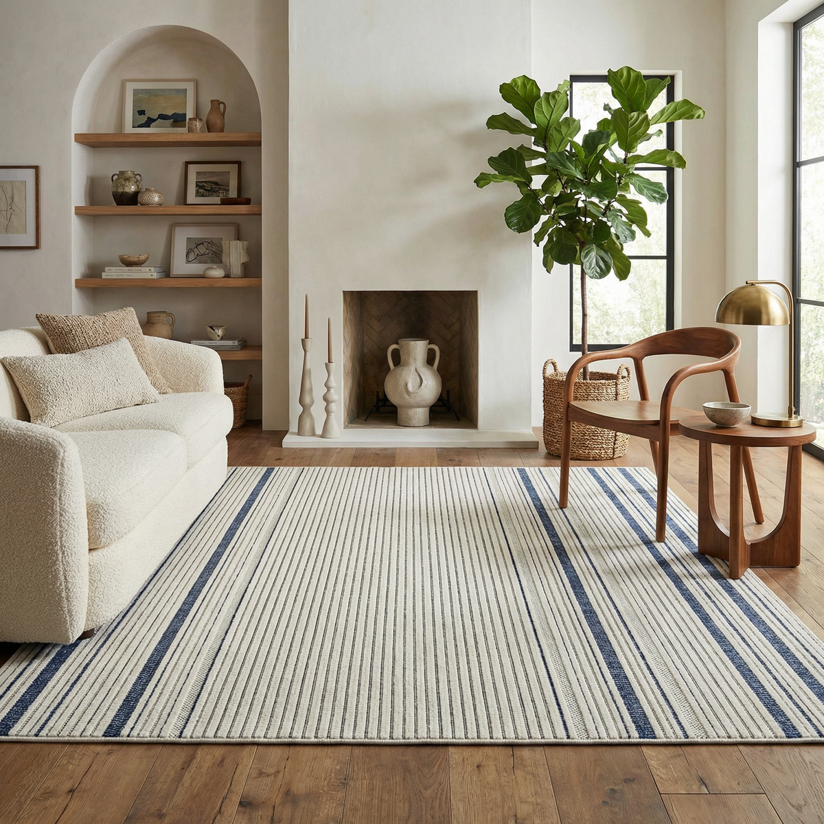 Maris Striped Contemporary Cream and Blue Indoor Rug