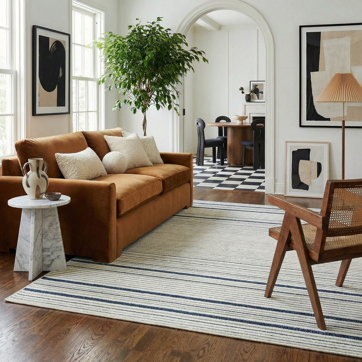 Maris Striped Contemporary Cream and Blue Indoor Rug