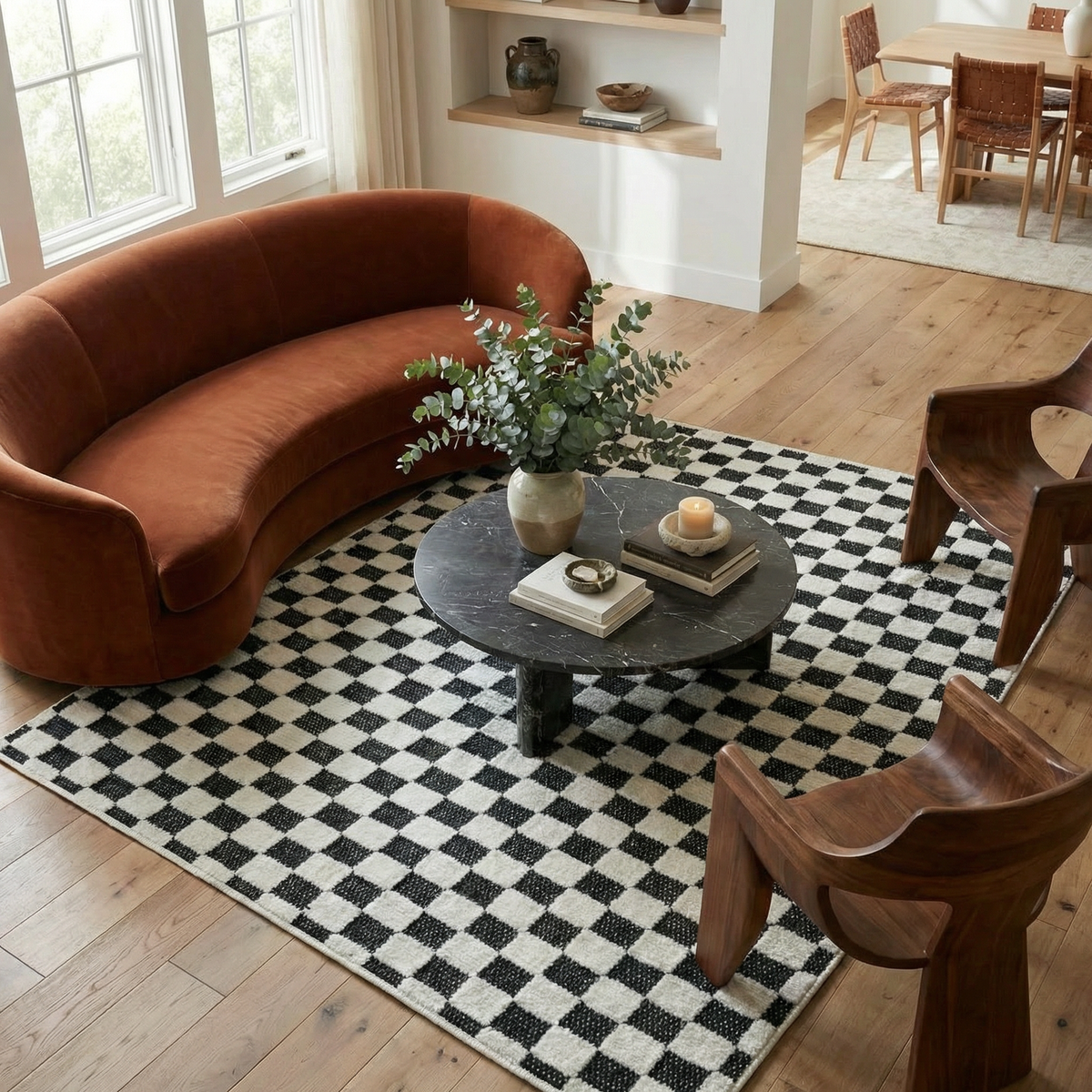 Tapis noir moderne à carreaux Maise