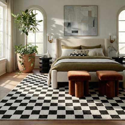 Misbah Checkered Contemporary Black and White Indoor Rug