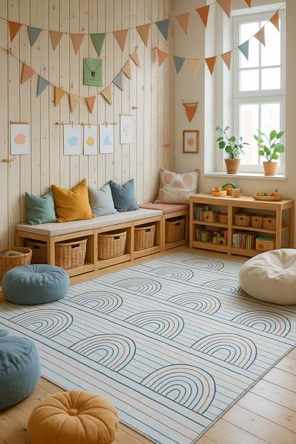 Tapis de jeu arc-en-ciel coloré rayé Soft Steps Playtime, tapis doux bleu