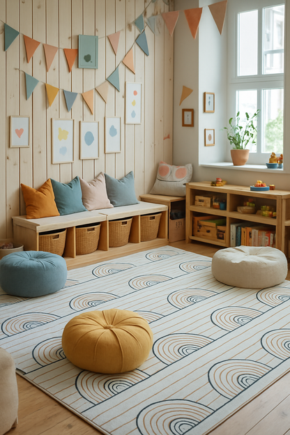 Tapis de jeu arc-en-ciel coloré rayé Soft Steps Playtime, tapis doux bleu