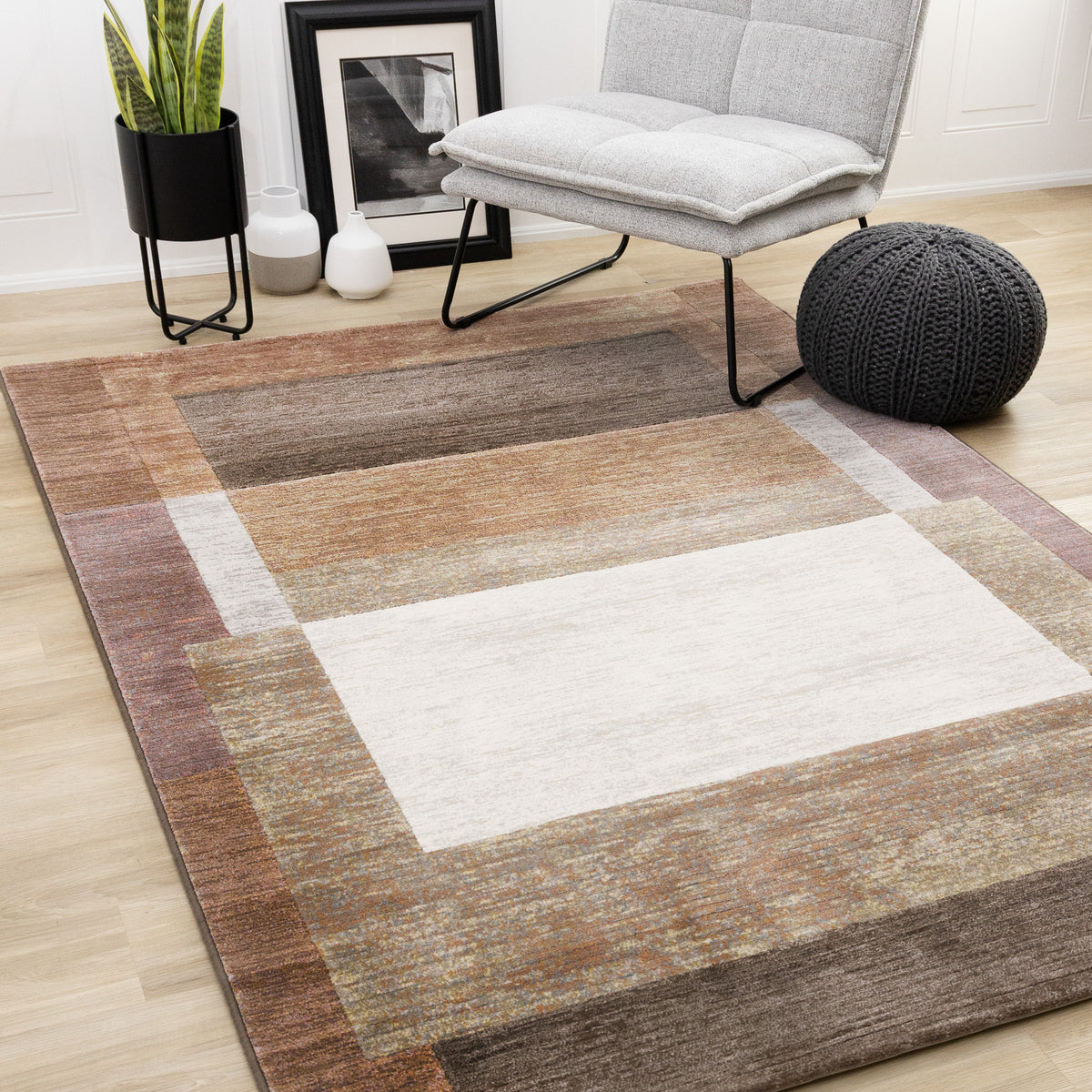 Contemporary Border Distressed Orange Area Rug
