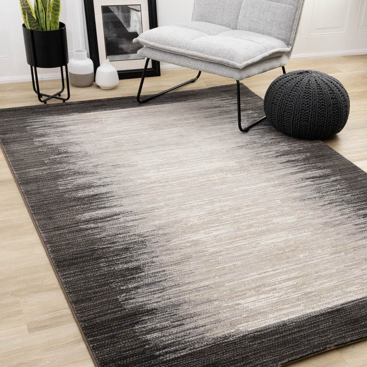Contemporary Border Distressed Black Area Rug