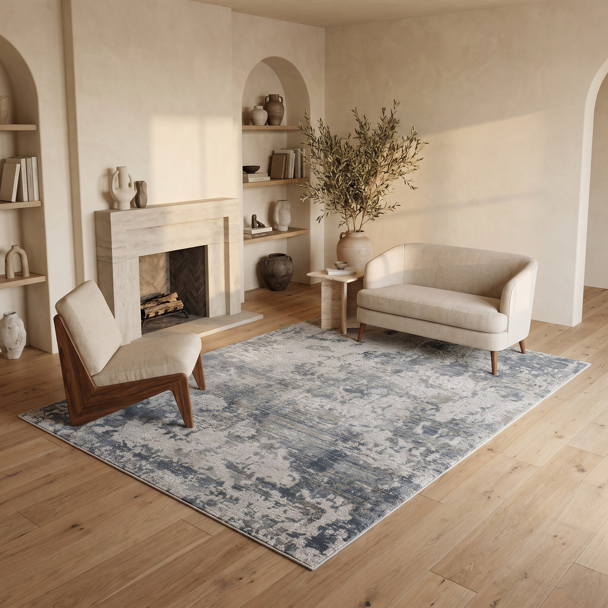 Tapis Eira abstrait contemporain bleu et gris
