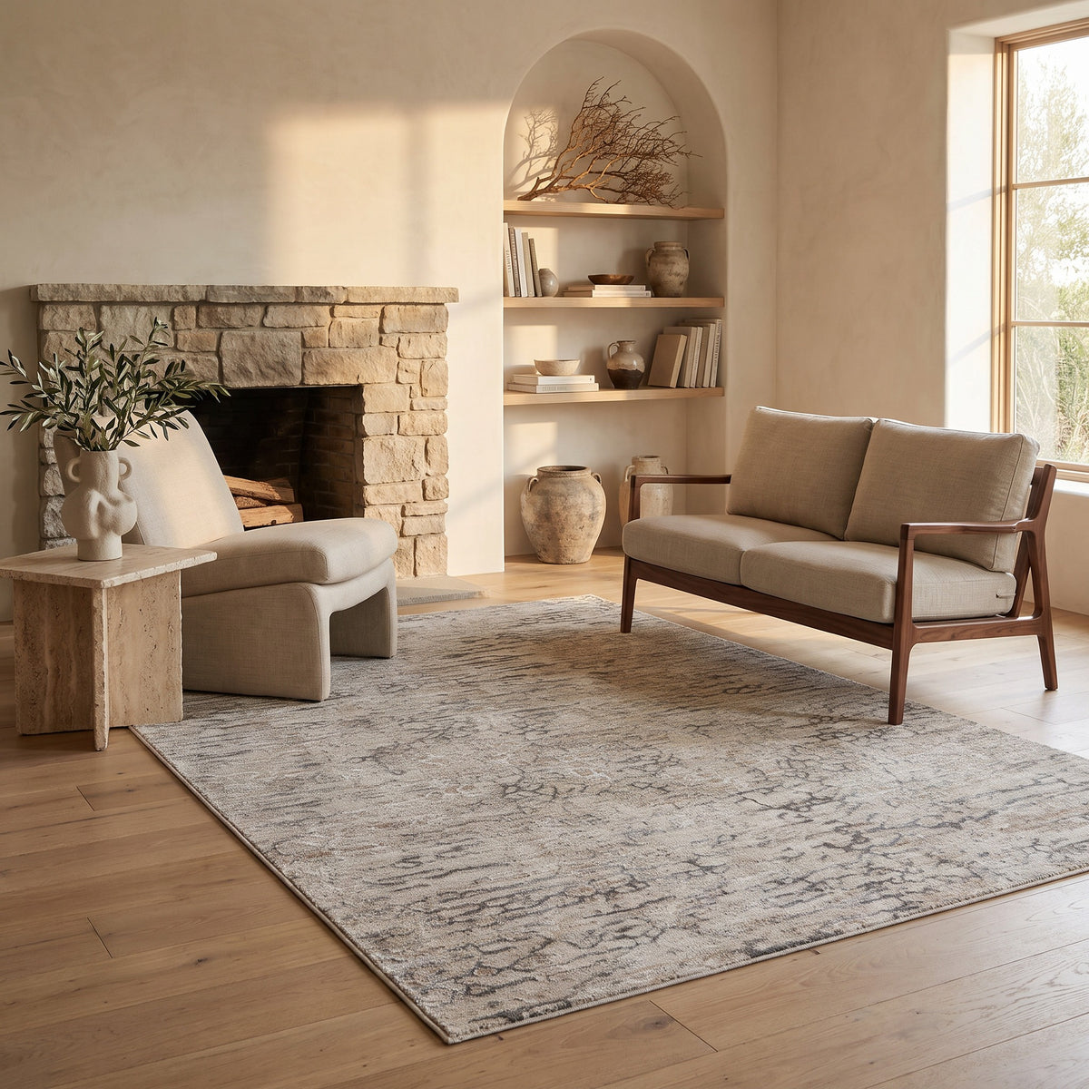 Tapis Elio abstrait vieilli contemporain beige et marron