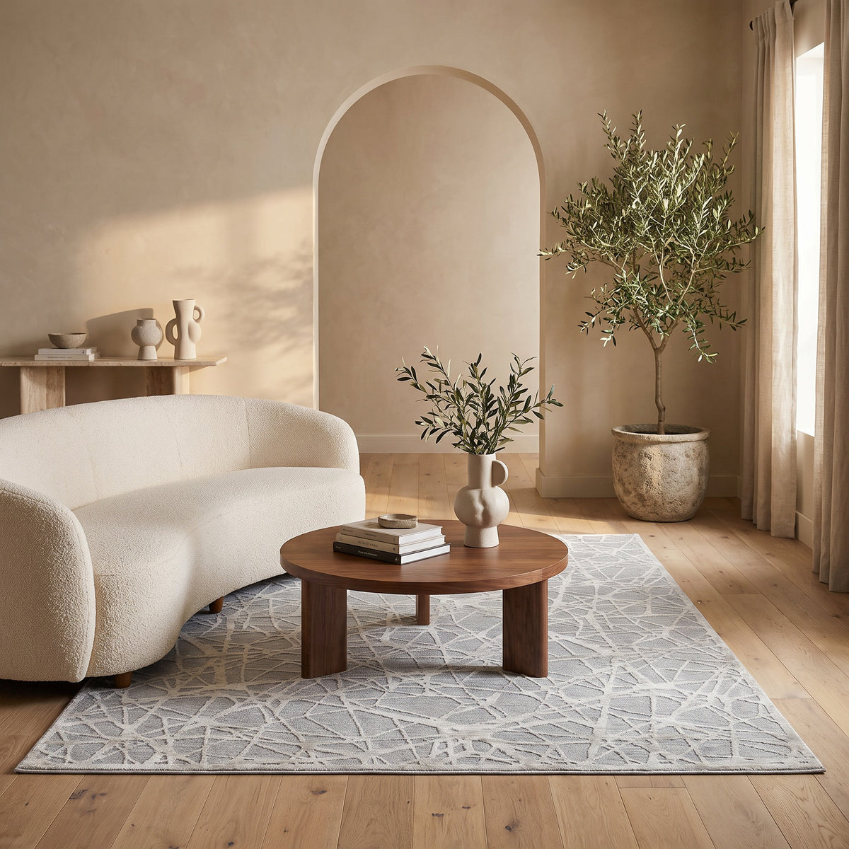 Tapis Vetra abstrait à motif toile contemporain bleu et beige