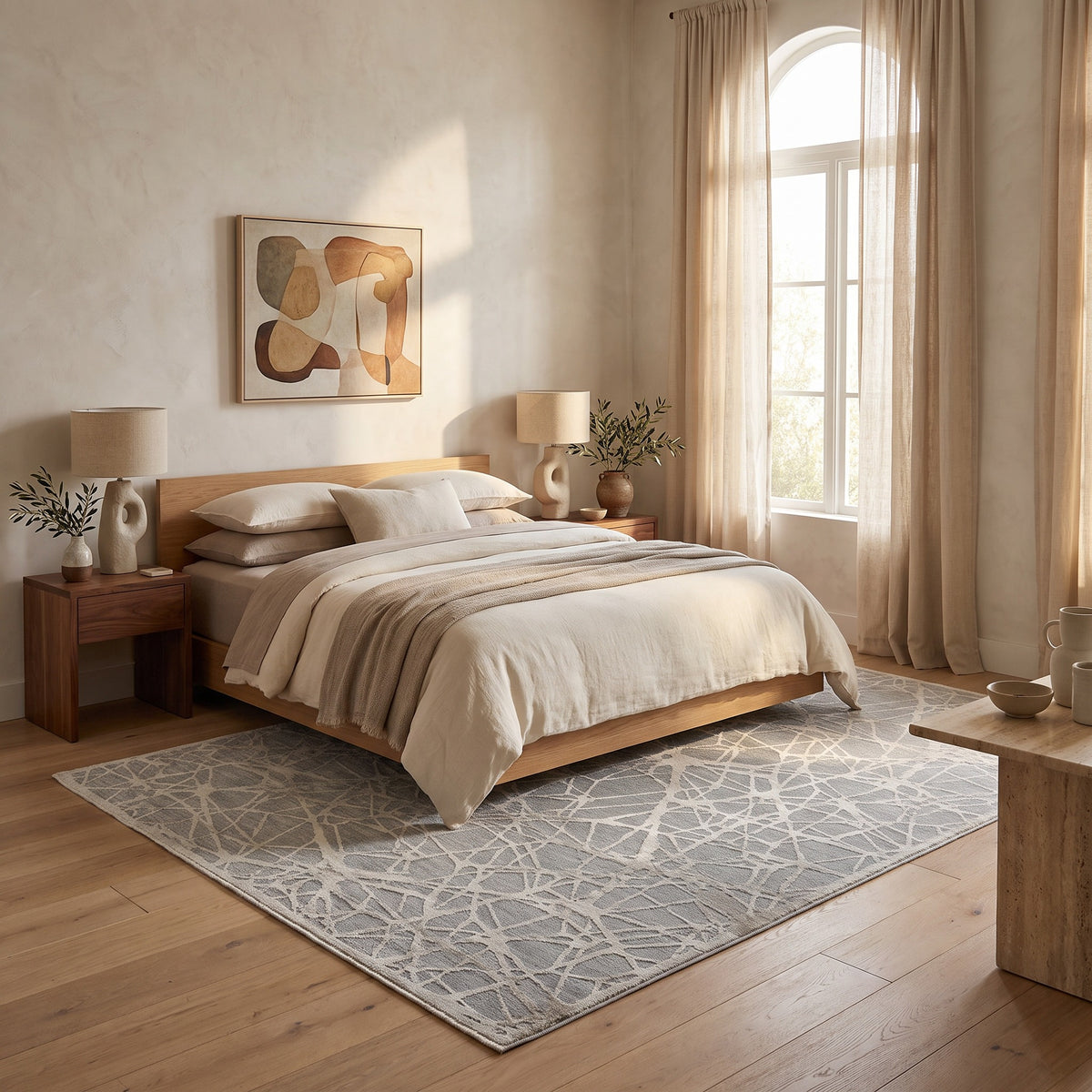 Tapis Vetra abstrait à motif toile contemporain bleu et beige