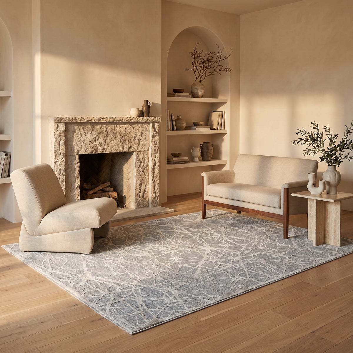 Tapis Vetra abstrait à motif toile contemporain bleu et beige