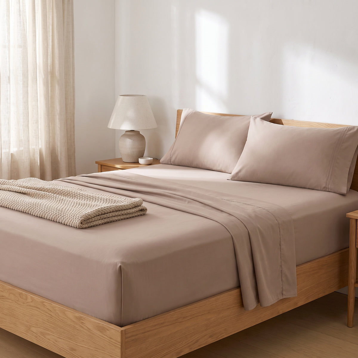 Calla Cotton Brown Sheet Set in a room