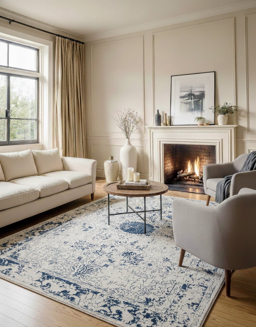 Naveen Floral Medallion Contemporary Navy Blue and Cream Indoor Rug