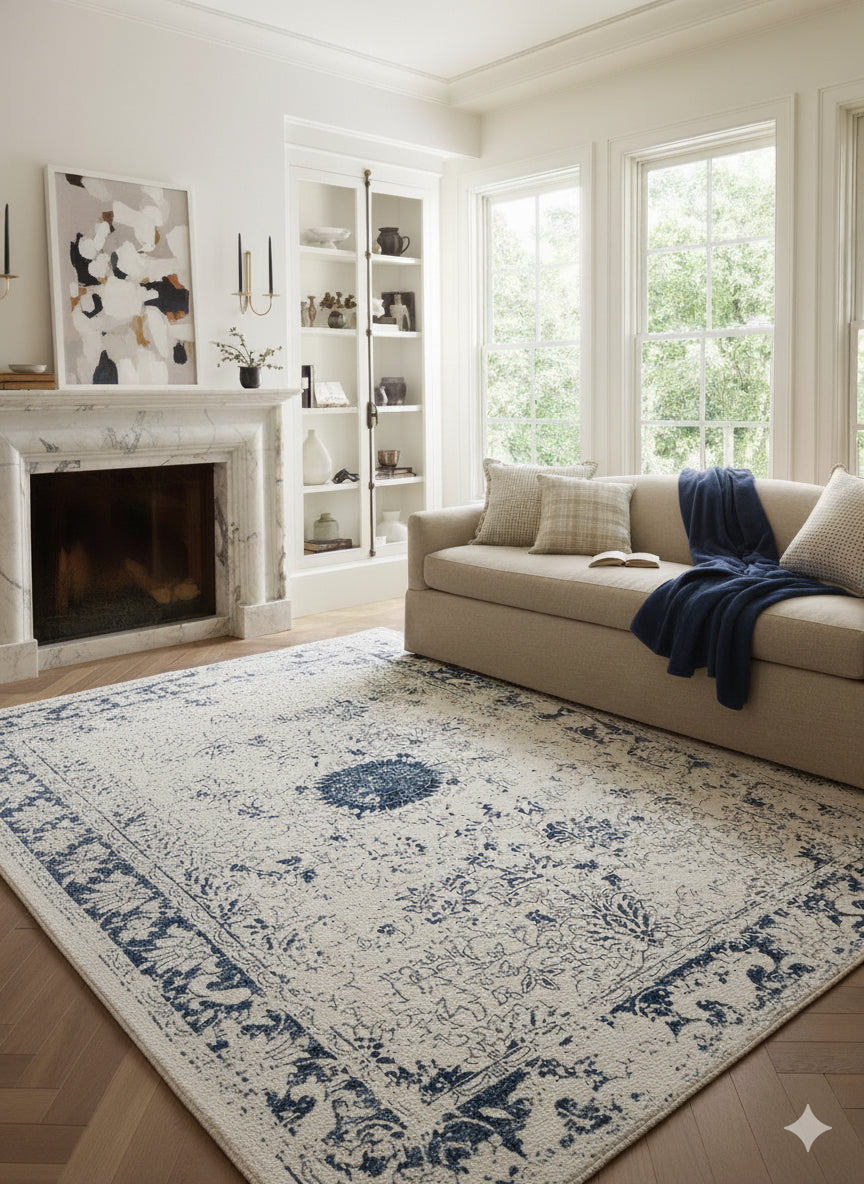 Naveen Floral Medallion Contemporary Navy Blue and Cream Indoor Rug