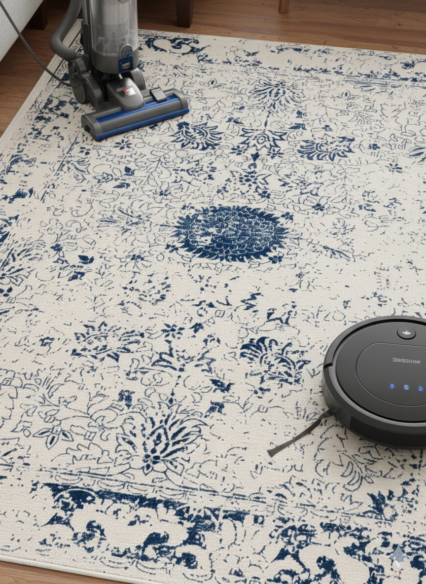 Naveen Floral Medallion Contemporary Navy Blue and Cream Indoor Rug