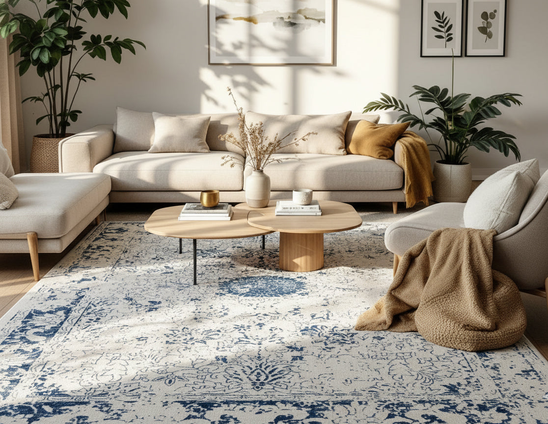 Alfombra de interior contemporánea Naveen Floral Medallion azul marino y crema