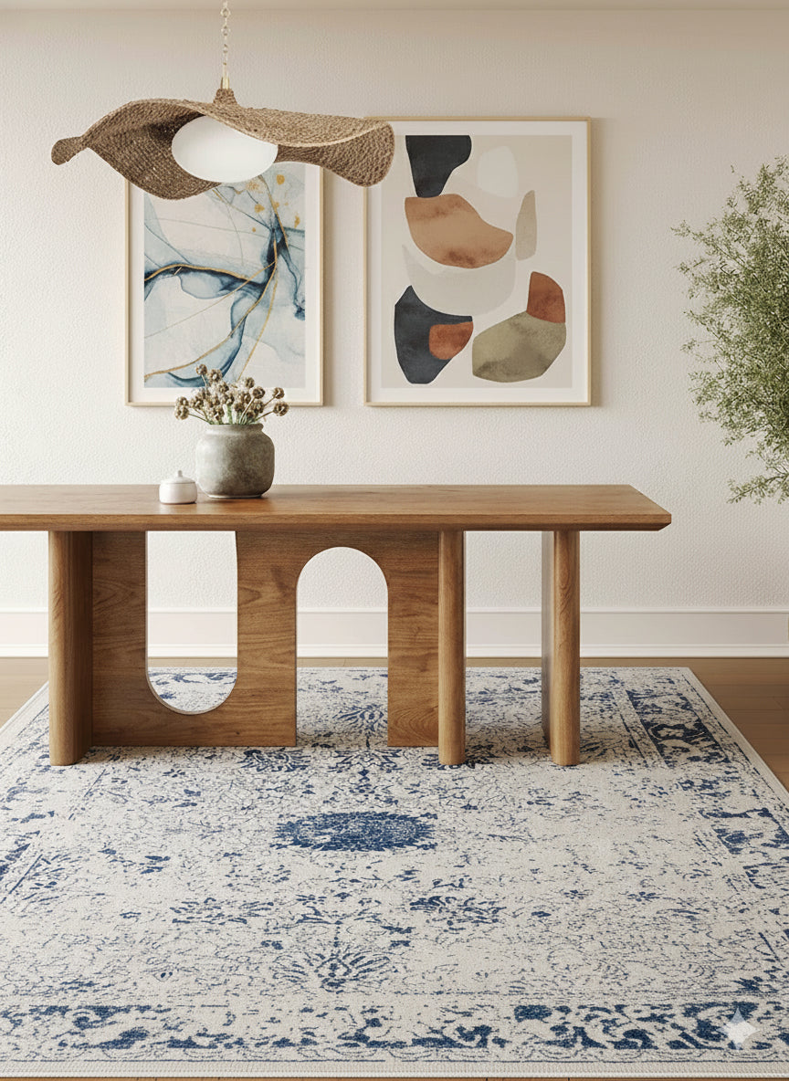 Naveen Floral Medallion Contemporary Navy Blue and Cream Indoor Rug