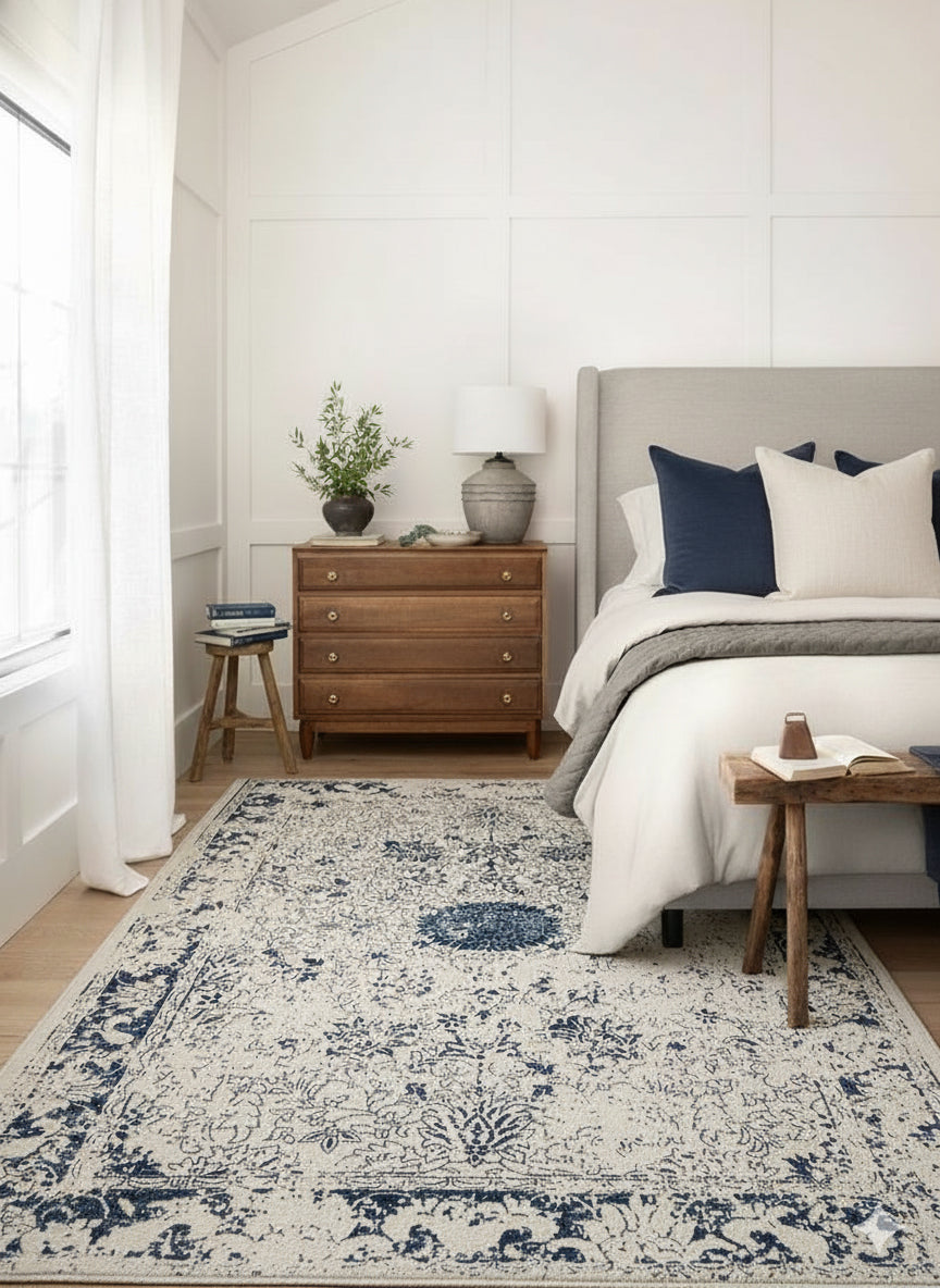 Naveen Floral Medallion Contemporary Navy Blue and Cream Indoor Rug