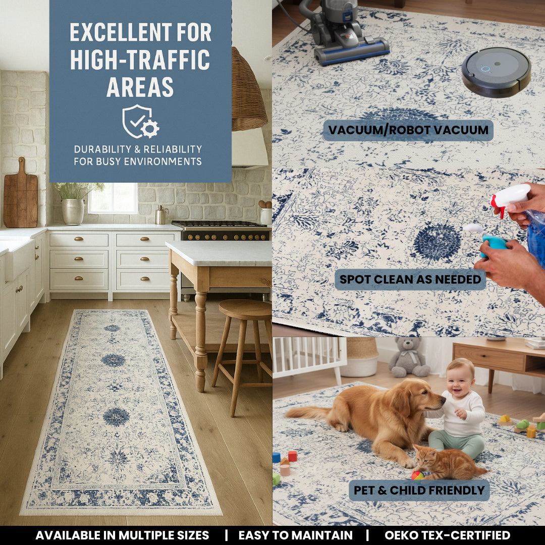 Naveen Floral Medallion Contemporary Navy Blue and Cream Indoor Rug