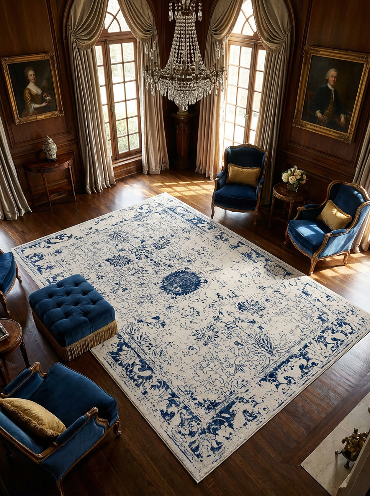 Naveen Floral Medallion Contemporary Navy Blue and Cream Indoor Rug