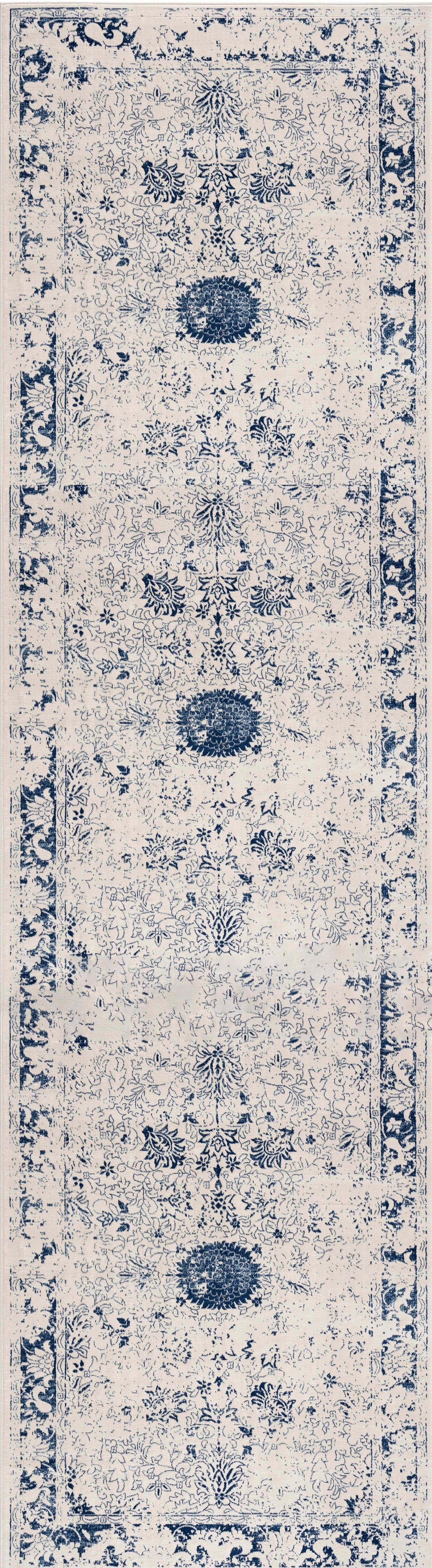 Naveen Floral Medallion Contemporary Navy Blue and Cream Indoor Rug