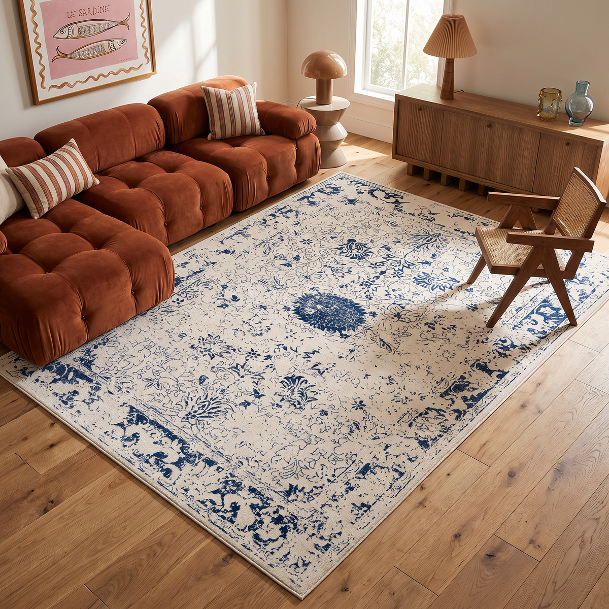 Naveen Floral Medallion Contemporary Navy Blue and Cream Indoor Rug