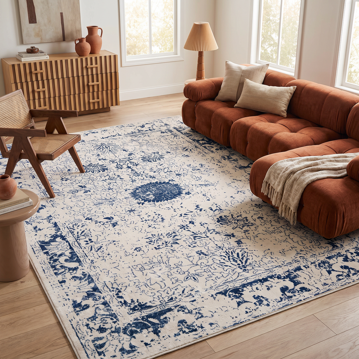 Naveen Floral Medallion Contemporary Navy Blue and Cream Indoor Rug