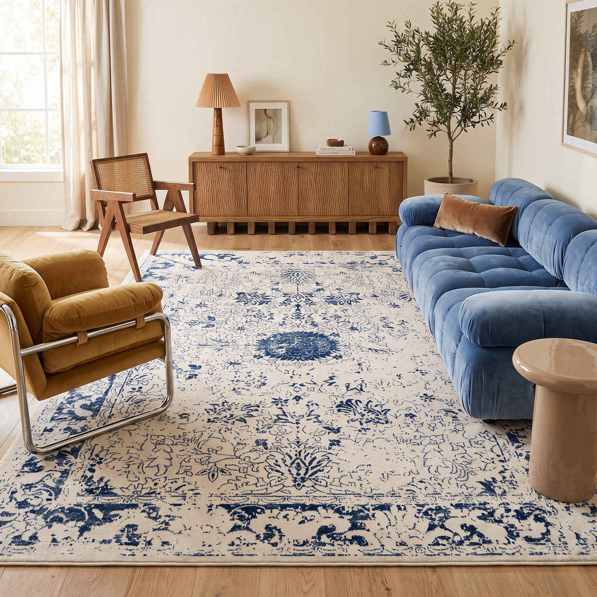 Naveen Floral Medallion Contemporary Navy Blue and Cream Indoor Rug