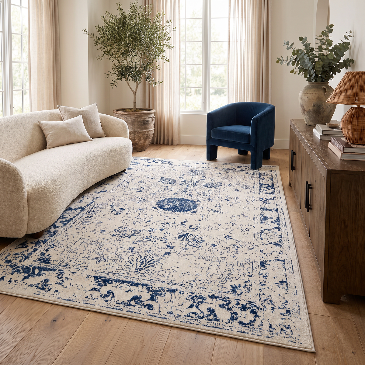 Naveen Floral Medallion Contemporary Navy Blue and Cream Indoor Rug