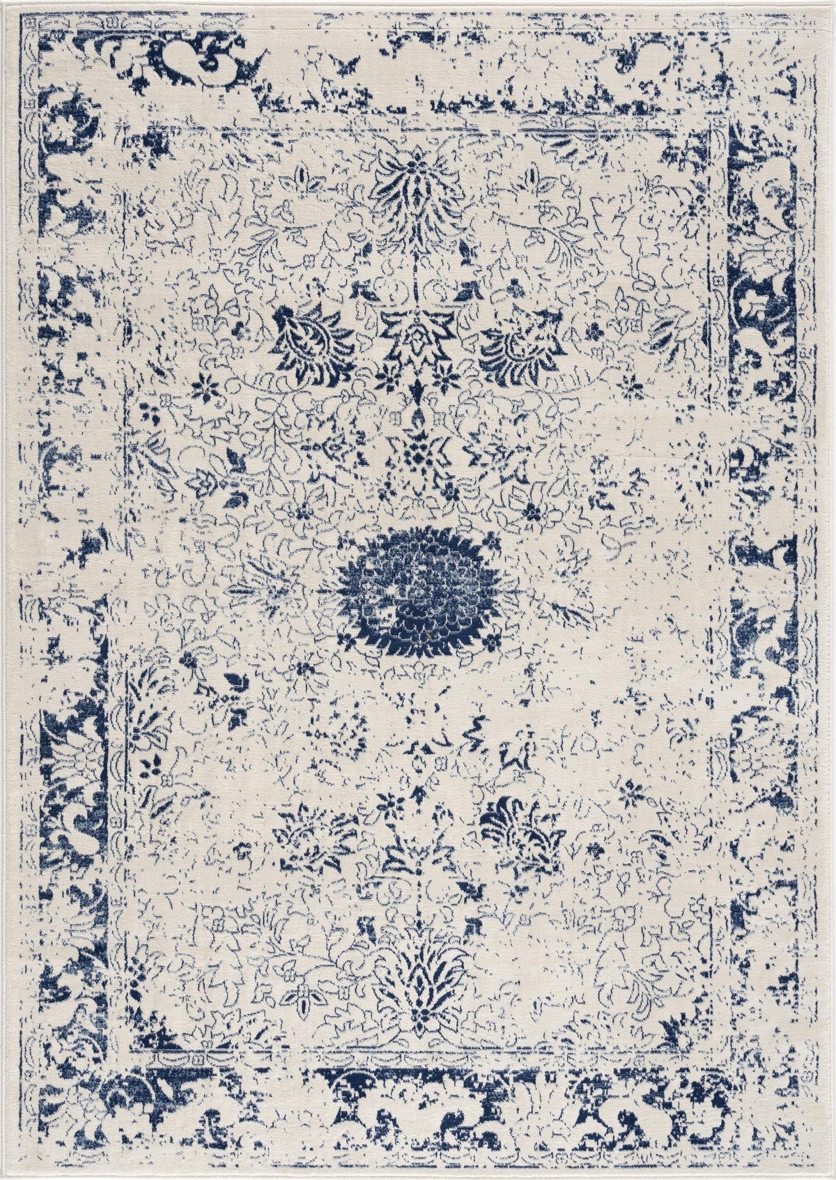 Naveen Floral Medallion Contemporary Navy Blue and Cream Indoor Rug