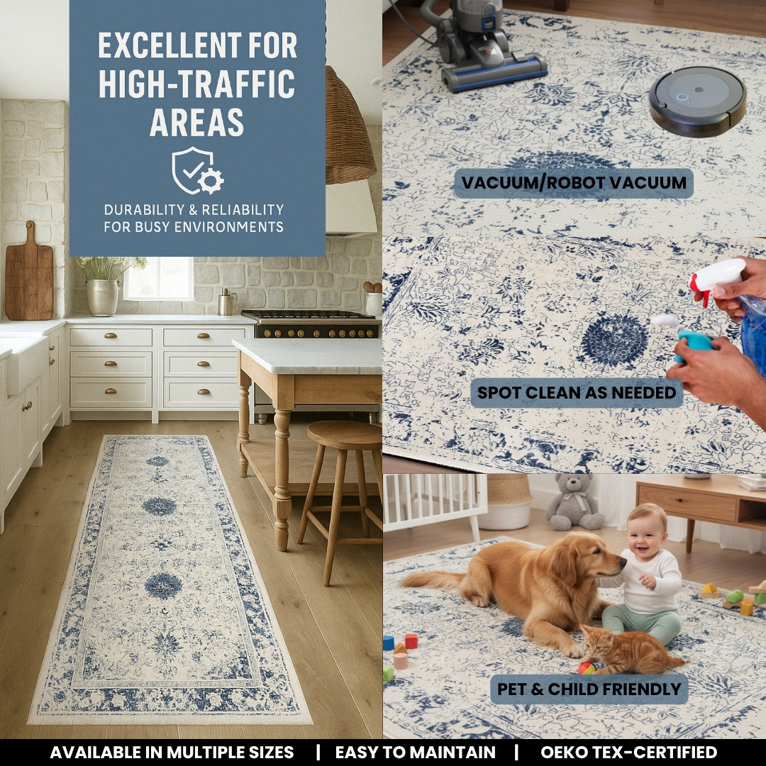 Naveen Floral Medallion Contemporary Navy Blue and Cream Indoor Rug