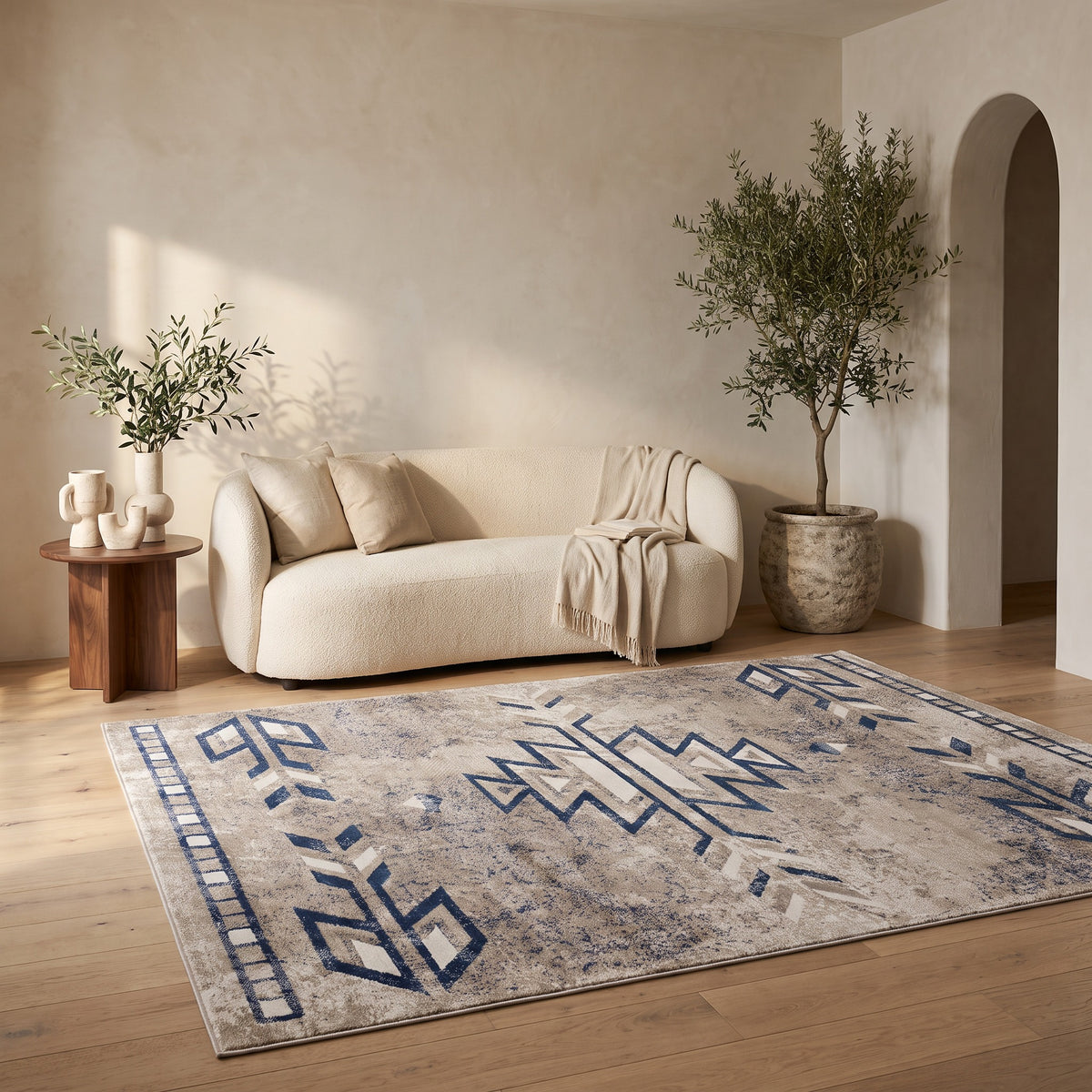Nava Southwestern Contemporary Blue and Beige Indoor Rug